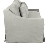Pastel grey Hampton 3.5 seater sofa with cotton upholstery, plush feather-filled cushions, and solid Birch hardwood frame.