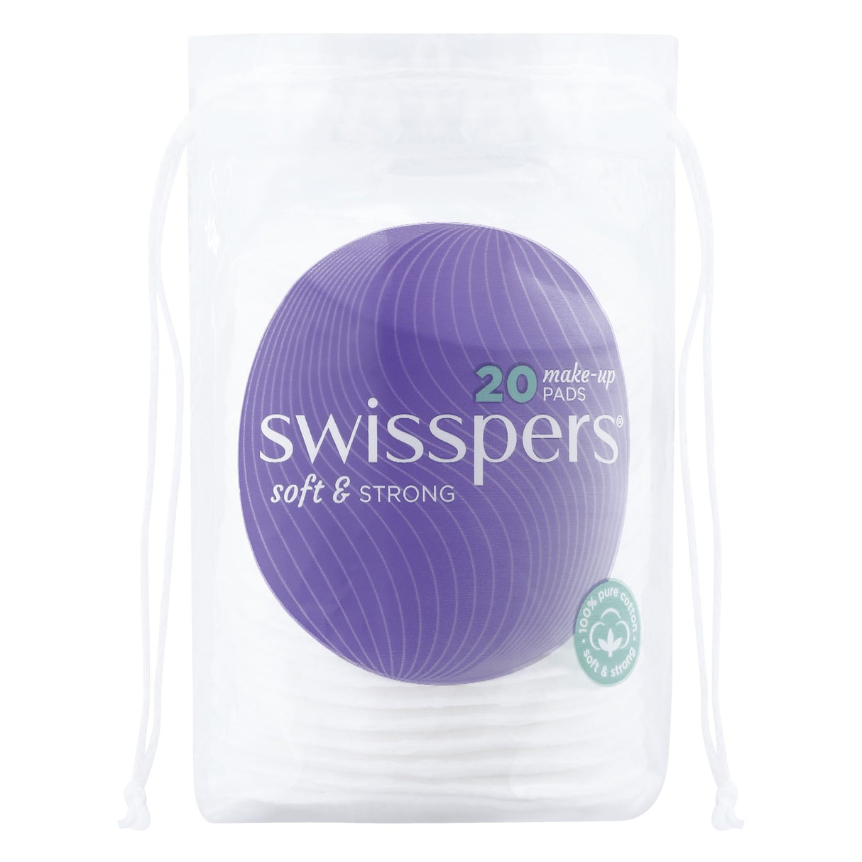 Ultra-soft Swisspers Make-Up Pads in travel size, perfect for applying and removing makeup and skincare products.