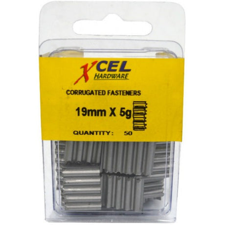 Galvanized 19mm fasteners in a 50-pack, ideal for secure mitred timber joints in DIY and professional woodworking projects.