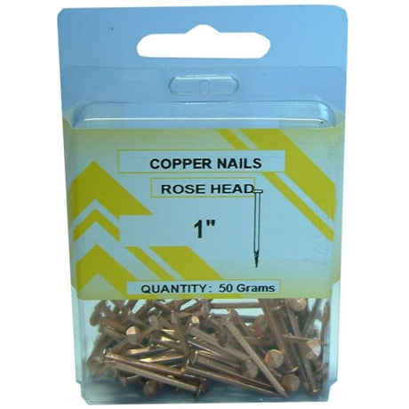 Decorative 1" copper nails with rose heads, ideal for woodworking and crafts, non-rusting for durability and elegance.