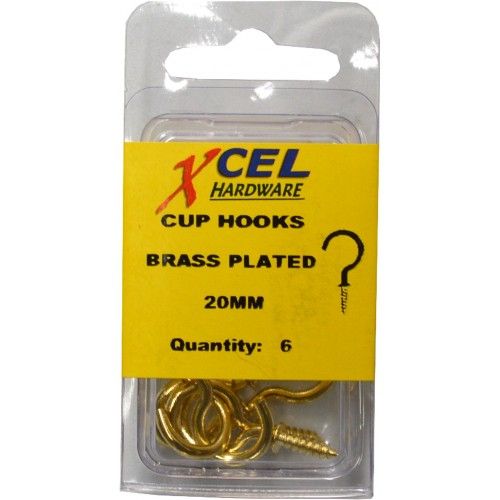 Brass plated round cup hooks 20mm for hanging cups and utensils, six hooks per pack for versatile organization.