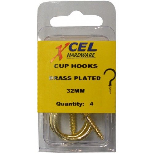 Brass-plated steel cup hooks, 32mm projection, perfect for organizing cups, tools, or towels; 4 hooks per pack.