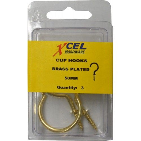 Brass plated steel cup hooks with 50mm projection, perfect for organizing cups and kitchen utensils, pack of three.