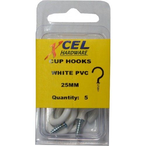 Round white PVC coated cup hooks, 25mm projection, perfect for hanging mugs, bags, and decor, 5 hooks per pack.