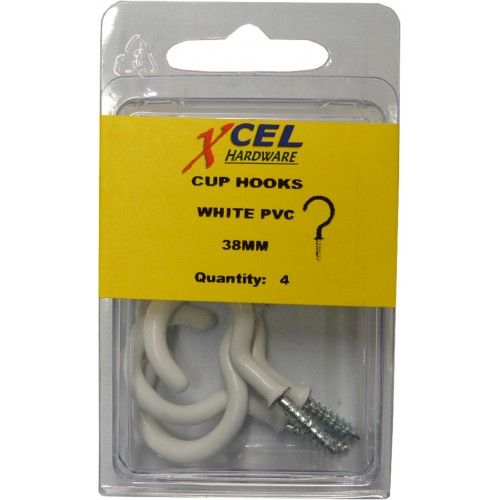 Round white PVC coated cup hooks, 38mm projection, ideal for hanging cups and utensils; 4 hooks per pack.