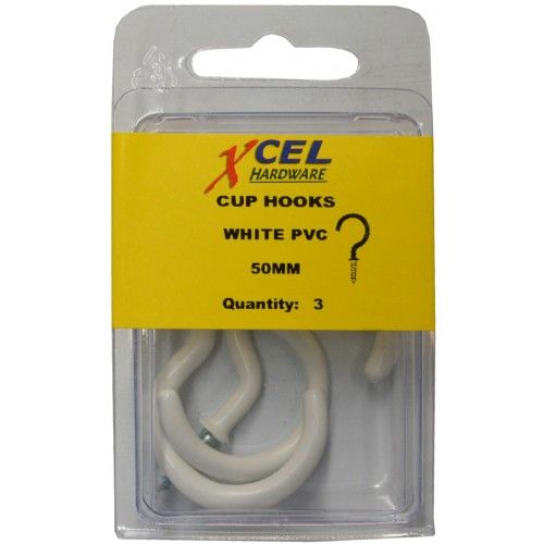 Round white PVC coated cup hooks, 50mm projection, ideal for hanging mugs and utensils, pack of 3 for home organization.