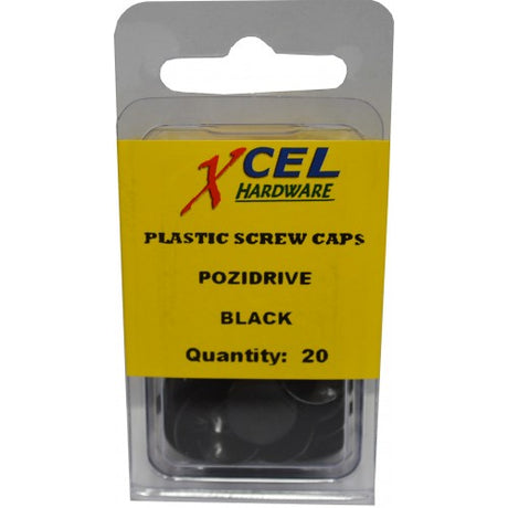 Black plastic screw caps (20 pack) for concealing screw heads, measuring 12.5mm, ideal for DIY projects and home improvement.