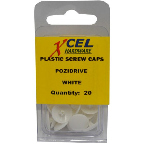 White Plastic Screw Caps for Pozi screws, 12.5mm wide, pack of 20; conceals screws and enhances project aesthetics.