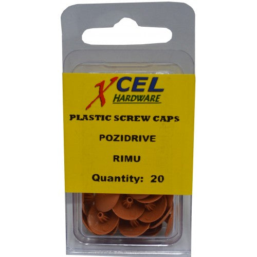 Plastic Pozi screw caps (20) in Rimu color, 12.5mm wide for concealing and protecting screw heads in DIY projects.