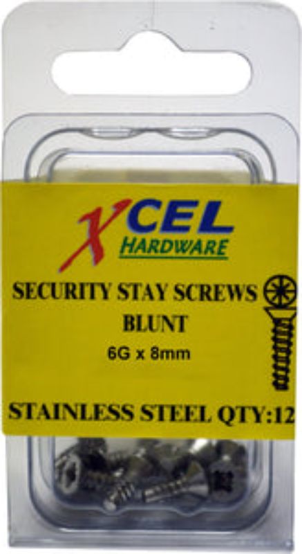 Set of 12 stainless steel blunt ended screws, 8mm x 6g, designed for secure installation near glass windows.