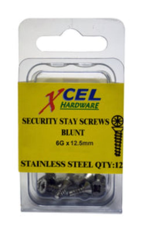 Stainless steel security stay screws, 12-pc set, 12.5mm x 6g, ideal for securing window stays near glass panes.