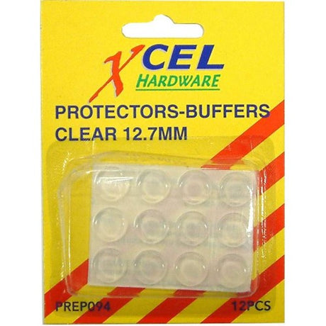 Clear stick-on surface protectors, 13mm, card of 12 for preventing scratches and adding stability to furniture and decor.