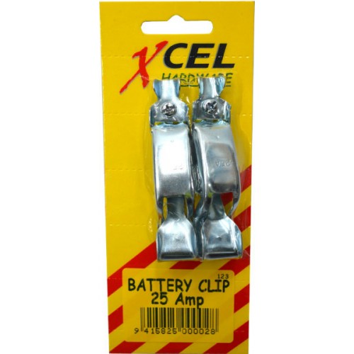 Durable 25 Amp battery clips for reliable connections, featuring screw or solder options, sold in a convenient 2 pack.