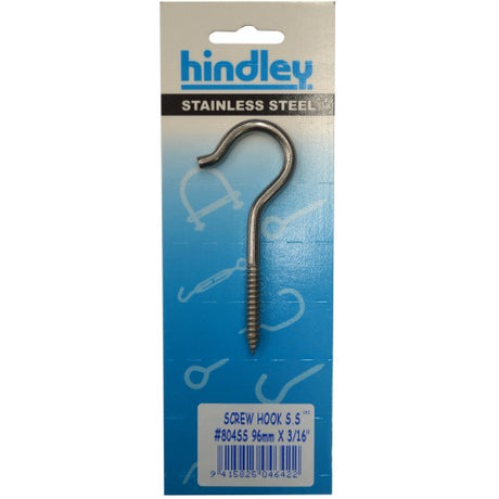 Premium Screw Hooks #804ss, 96mm long, 3/16" diameter, durable for secure hanging indoors and outdoors.