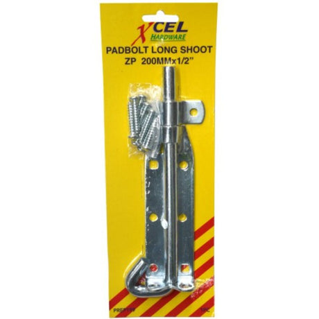 Bolts Pad - Long Shoot 200mm, zinc-plated steel padbolt for strong, reliable fastening with included mounting screws.