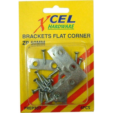 Zinc plated flat corner brackets with screws, 50mm, ideal for reinforcing frames and joints in various projects. Pack of 4.