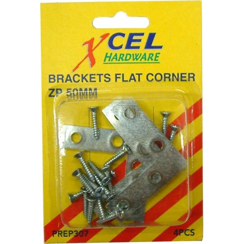 Zinc plated flat corner brackets with screws, 50mm, ideal for reinforcing frames and joints in various projects. Pack of 4.