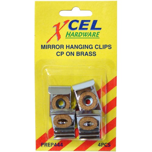 Brass mirror hanging clip set with 4 durable clips, screws included, for securely mounting frameless mirrors.