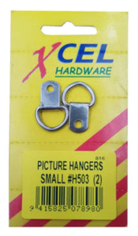 Small single hole picture hangers in a 2-piece card, durable zinc-plated for securely displaying lightweight decor.