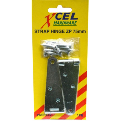 Zinc-plated 75mm strap hinges designed for gates and fences, featuring staggered screw holes for secure, durable installation.