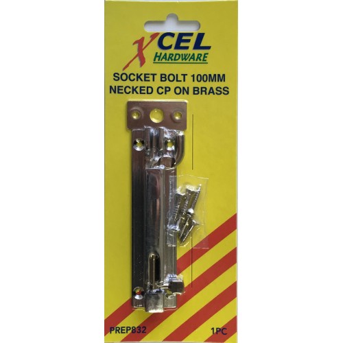 Socket bolts necked C.P. on brass, 100mm, chrome-plated for door security, includes mounting screws for easy installation.