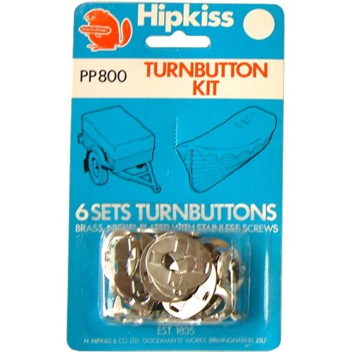 Nickel-plated turn button kit for secure mounting; includes stainless screws, ideal for outdoor projects, packet of six.