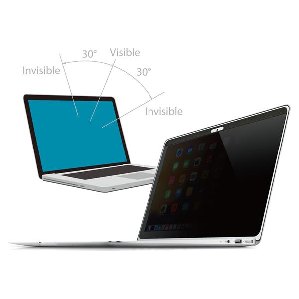 Magnetic 13" laptop privacy screen for MacBooks, featuring anti-glare matte and clear glossy sides, and blue light reduction.