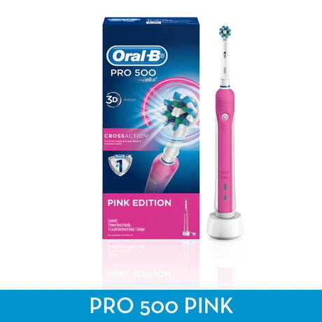 Pink Braun Oral-B Pro 500 Electric Toothbrush with round brush head for superior plaque removal and built-in timer for optimal cleaning.