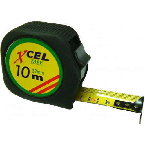 Tape measure in black case, 10m length and 32mm width, designed for accurate measurements and easy portability.