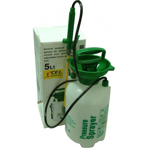 Durable 5L garden pressure sprayer with adjustable nozzle, shoulder strap, perfect for watering and fertilizing plants.