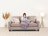 Cozy warm grey Sherpa fleece heated throw blanket with digital controller and 6 heat settings for ultimate comfort.