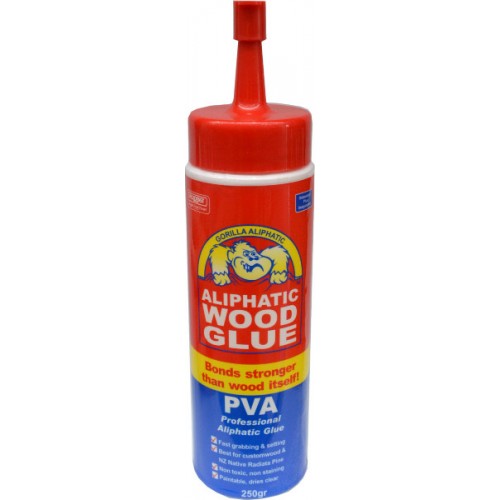 Gorilla PVA Aliphatic Liquid Glue 250gm, a fast-setting, clear-drying woodworking adhesive perfect for Rimu and Beech timber.