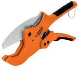 Truper PVC Pipe Cutter with ratchet action, stainless steel blade, capable of 65mm cuts, ideal for plumbing and repairs.