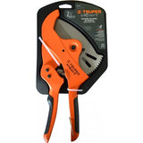 Truper PVC Pipe Cutter features a stainless steel blade and ratchet action for effortless, precise cuts up to 65mm.