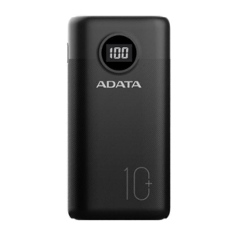 Sleek black ADATA P10000QCD power bank with 10,000mAh capacity and three USB ports for fast device charging on the go.