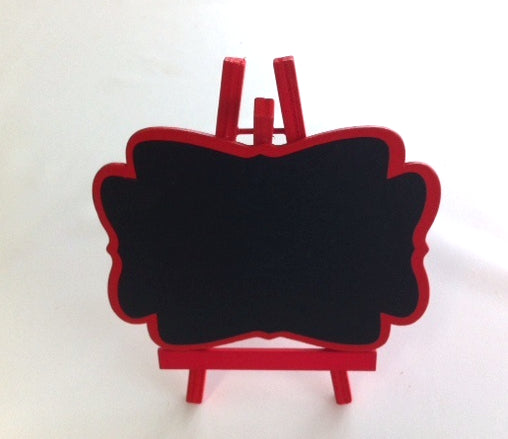 Mini red easel chalkboard, 16 cm x 12.5 cm, perfect for events, signage, and creative displays. Ideal for weddings and parties.