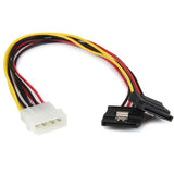 12in LP4 to dual latching SATA Y splitter cable, powers two SATA drives from one LP4 connector, ensuring secure connections.