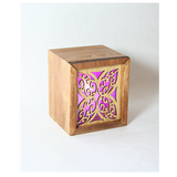 LED tealight box made of laser-cut bamboo with a color-changing tealight, also serves as a trinket box.