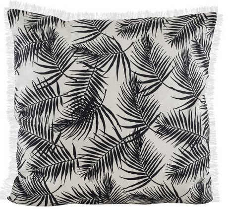 Bold palm print cushion with whimsical fringe in Raven, adding coastal charm to any decor. 60cm x 60cm, 100% premium cotton.