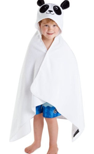 Adorable white panda toddler towel made from 100% plush cotton, perfect for bath time and beach fun.
