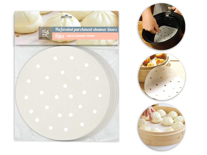 Perforated parchment steaming liners, 20.3cm, non-stick, perfect for healthy cooking in air fryers and steamers.