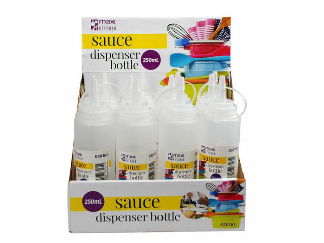 Set of 12 clear 250ml kitchen squeeze bottles for easy dispensing of sauces, dressings, and condiments.