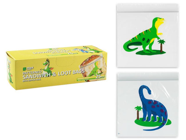 Colorful dinosaur-themed sandwich and zip seal loot bags, perfect for parties, with 12 packs containing 25 durable bags each.