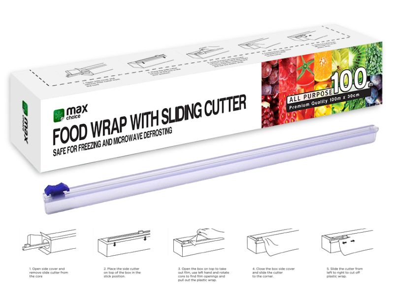 Food Wrap MC Dispenser Box containing 12 packs of 30cm x 100m high-quality, food-safe wrap for preserving food freshness.
