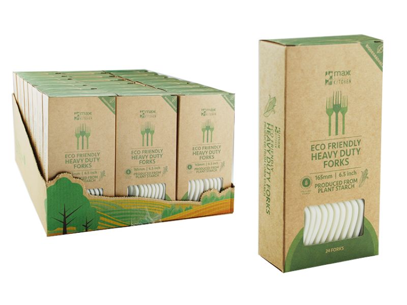 ECO Compostable Forks, 17cm, made from plant starch; durable, heat-tolerant, and eco-friendly cutlery for sustainable dining.