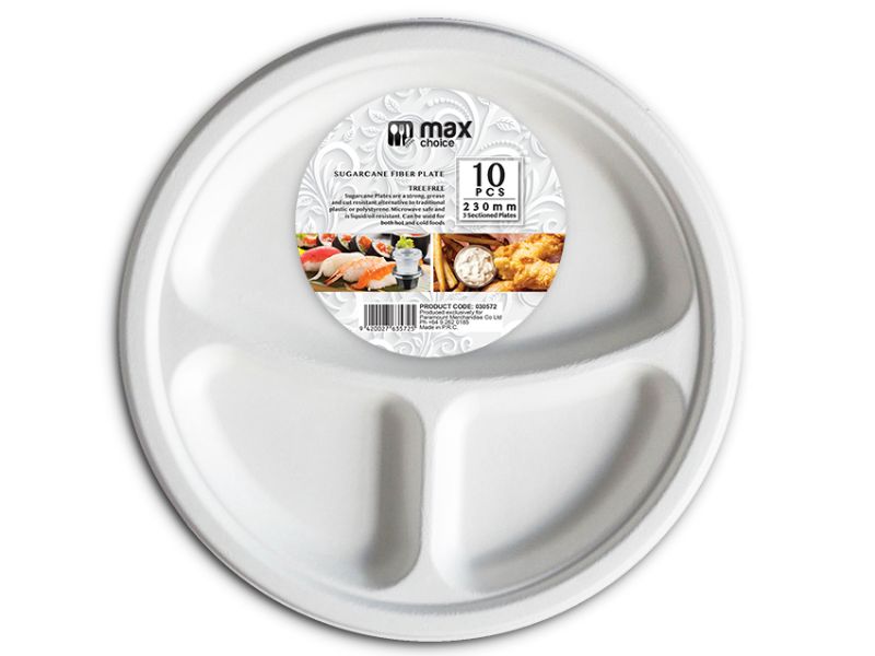 Eco Plate - MC 3 Section 23cm; biodegradable sugarcane plates ideal for eco-friendly dining at events and gatherings.