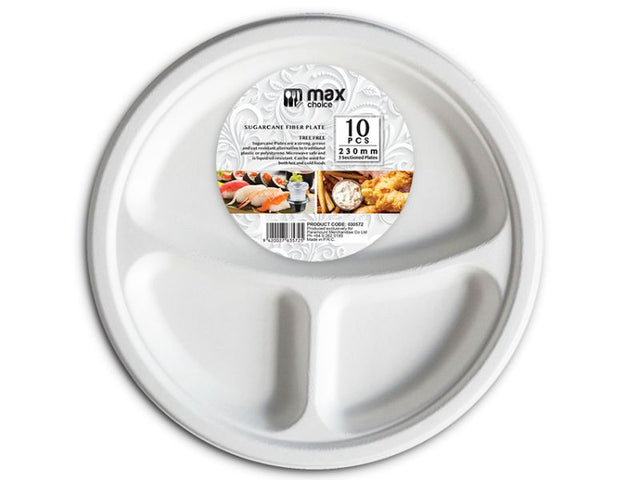 Eco Plate - MC 3 Section 23cm; biodegradable sugarcane plates ideal for eco-friendly dining at events and gatherings.