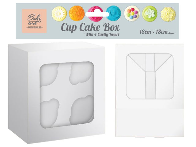 Elegant white cupcake box holding 4 cakes, perfect for gifting, bakeries, and special occasions, sold in a pack of 24.