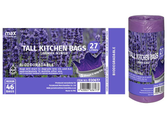 Biodegradable lavender-scented kitchen bags (27L) in 12 packs, designed for eco-friendly waste disposal.