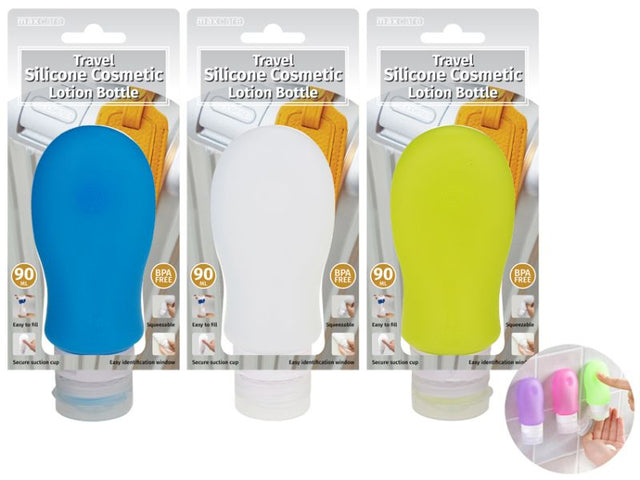 Set of 12 colorful silicone lotion bottles with suction cups for easy travel and organization of beauty products.